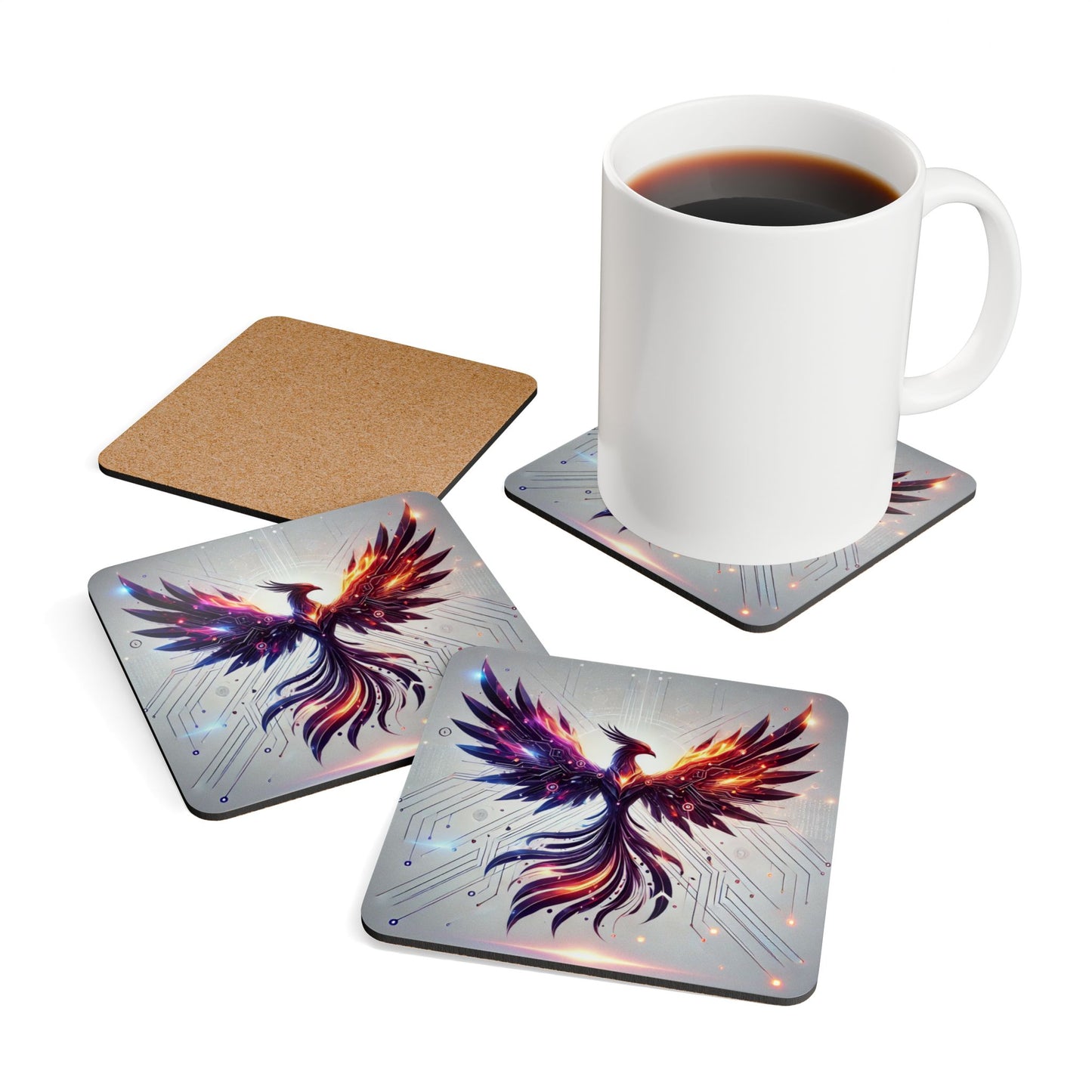 Phoenix Spirit Corkwood Coaster Set - Artistic Drink Coasters for Home Decor